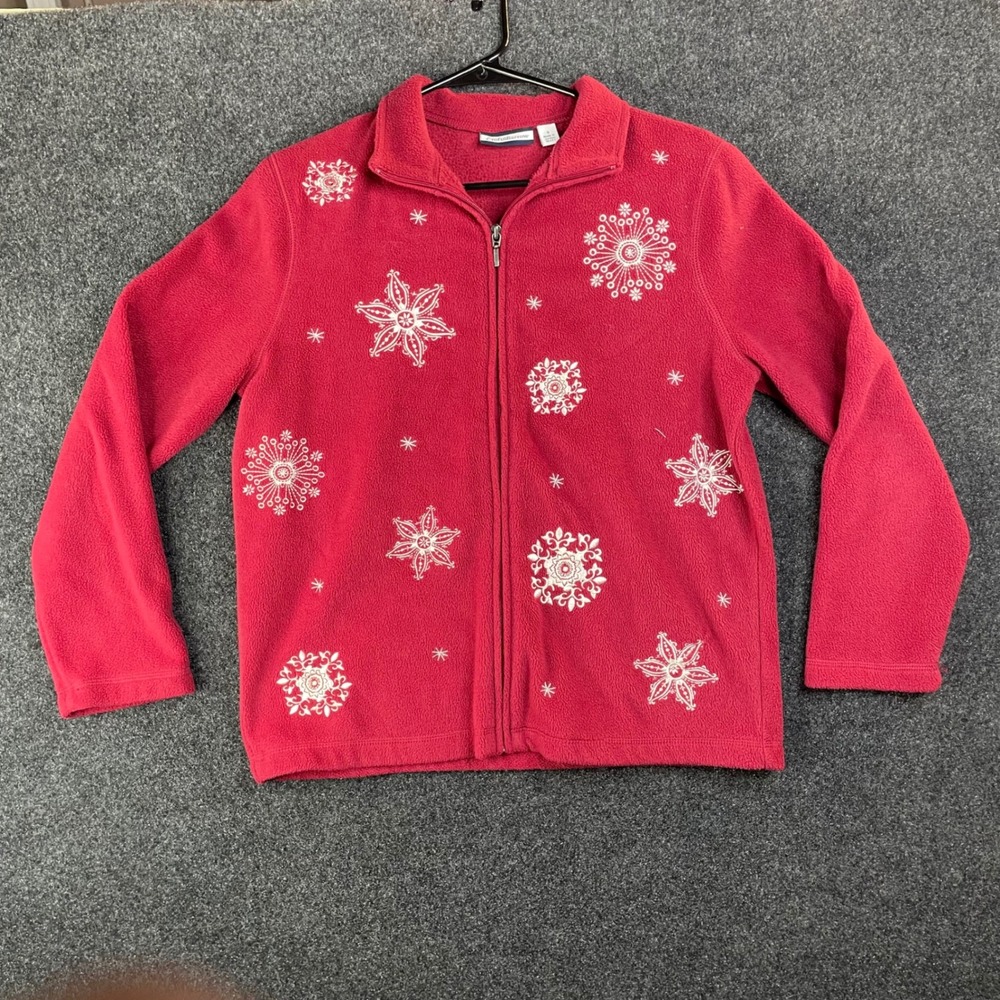 Croft & Barrow Red Snowflake Fleece Jacket Women Small Full Zip Winter Holiday